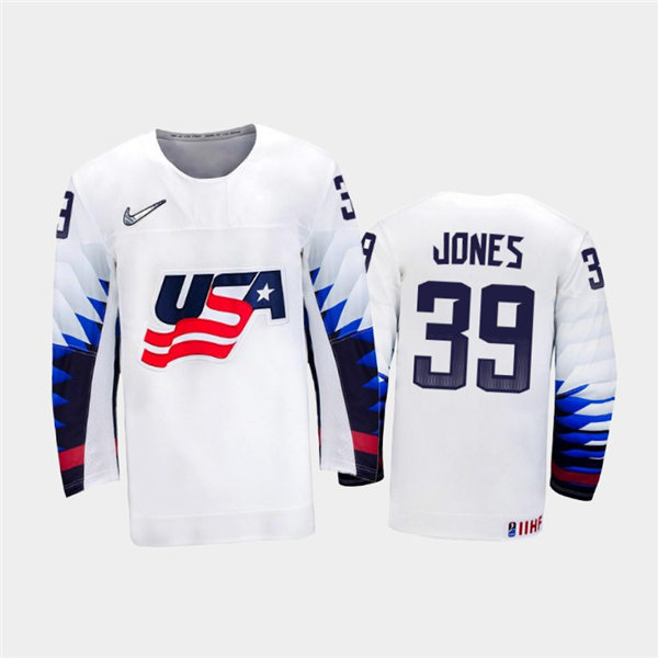 Mens USA Team #39 Zac Jones  Stitched 2021 IIHF World Junior Championship Home White Jersey