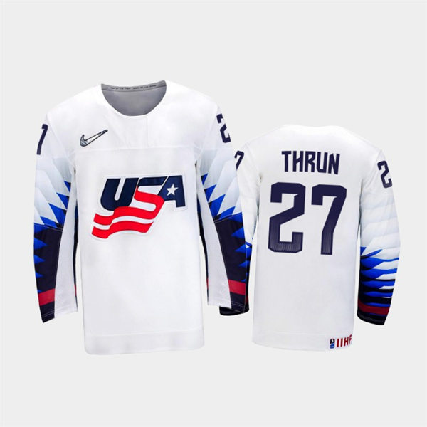 Mens USA Team #27 Henry Thrun Stitched 2021 IIHF World Junior Championship Home White Jersey