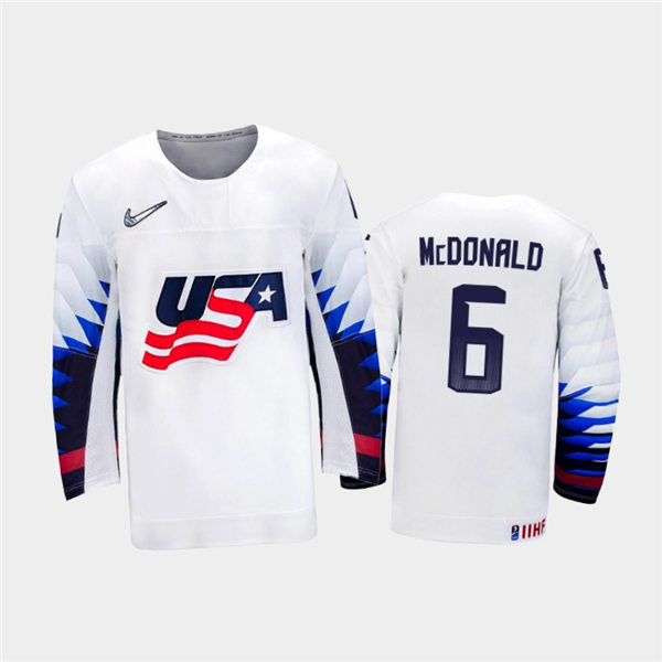 Mens USA Team #6 Cam McDonald Stitched 2021 IIHF World Junior Championship Home White Jersey