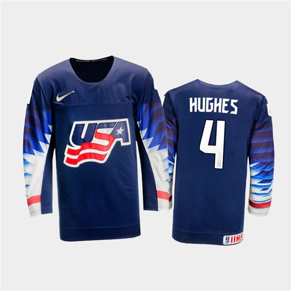 Mens USA Team #4 Jack Hughes Stitched 2021 IIHF World Junior Championship Away Navy Jersey