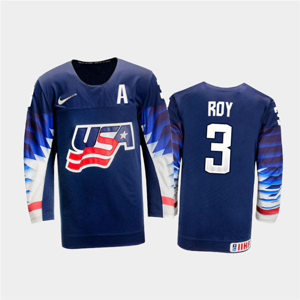 Mens USA Team #3 Matt Roy Stitched 2021 IIHF World Junior Championship Away Navy Jersey