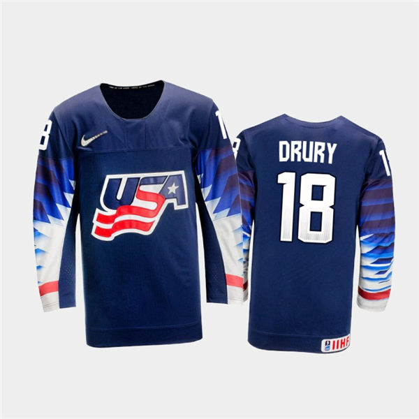 Mens USA Team #18 Jack Drury Stitched 2021 IIHF World Junior Championship Away Navy Jersey