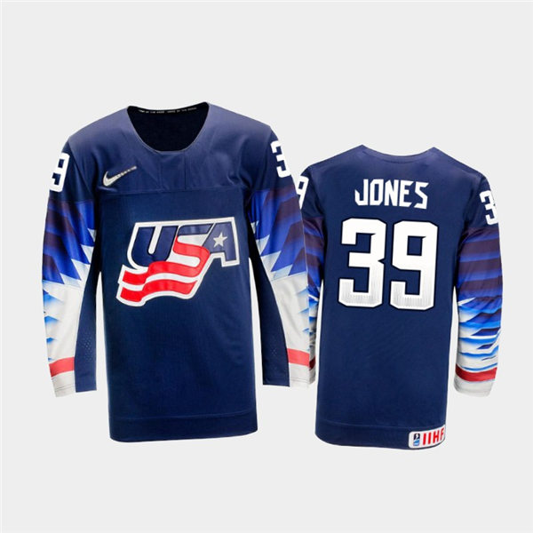 Mens USA Team #39 Zac Jones Stitched 2021 IIHF World Junior Championship Away Navy Jersey