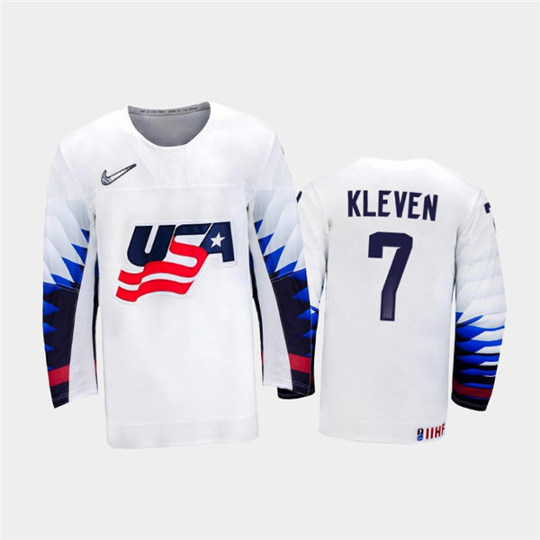 Mens USA Team #7 Tyler Kleven Stitched 2021 IIHF World Junior Championship Home White Jersey