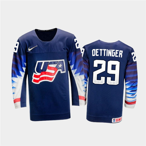 Mens USA Team #29 Jake Oettinger Stitched 2021 IIHF World Junior Championship Away Navy Jersey
