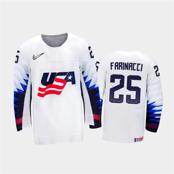 Mens USA Team #25  John Farinacci Stitched 2021 IIHF World Junior Championship Home White Jersey