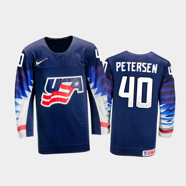 Mens USA Team #40 Cal Petersen Stitched 2021 IIHF World Junior Championship Away Navy Jersey