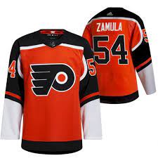 Mens Philadelphia Flyers #54 Egor Zamula Orange adidas 2020-21 Reverse Retro Jersey