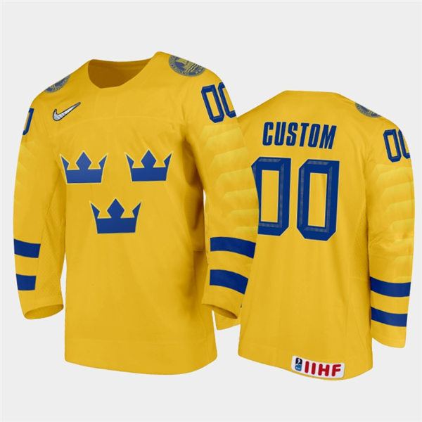 Mens Sweden Hockey Team Custom Stitched 2021 IIHF World Junior Championship Home Yellow Jersey