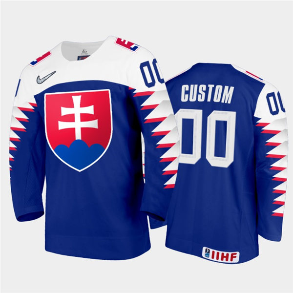 Mens Slovakia Hockey Team Custom Stitched 2021 IIHF World Junior Championship Away Blue Jersey