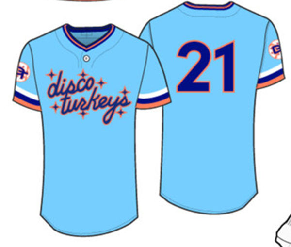 Mens Carolina Disco Turkeys Custom Stitched Blue White Two buttons Baseball Jersey