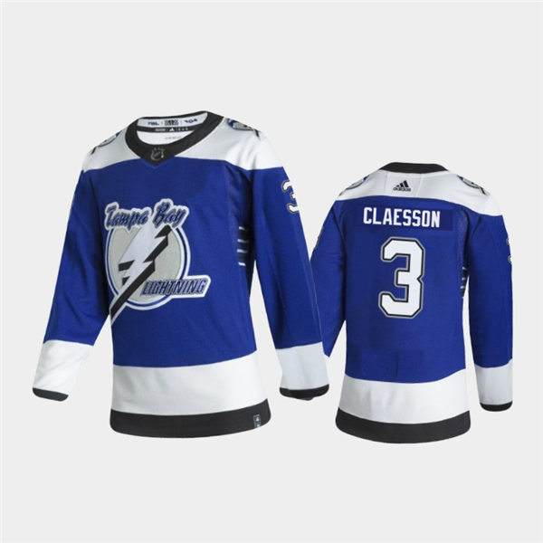 Mens Tampa Bay Lightning #3 Fredrik Claesson Blue Adidas 2021 NHL Reverse Retro Jersey