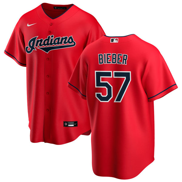 Mens Cleveland Indians #57 Shane Bieber Nike Red Cool Base Jersey