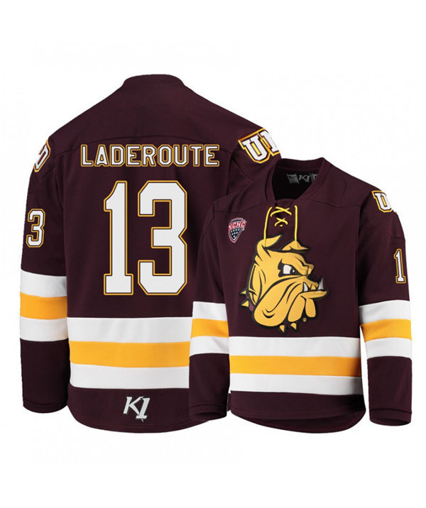 Mens Minnesota Duluth Bulldogs #13 Tanner Laderoute Under Armour Maroon College Hockey Jersey