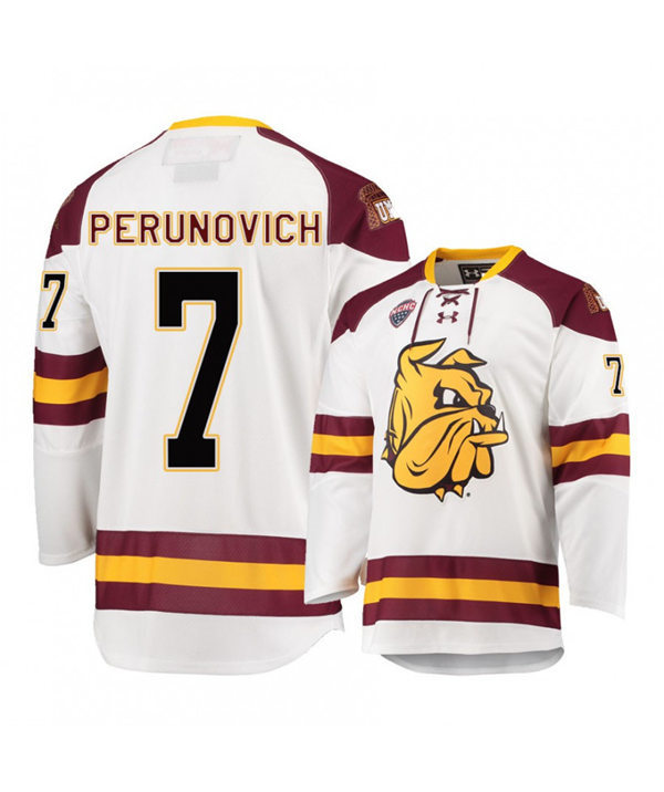 Mens Minnesota Duluth Bulldogs #7 Scott Perunovich Under Armour White College Hockey Jersey