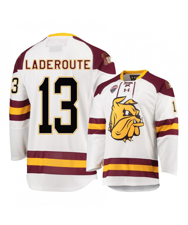Mens Minnesota Duluth Bulldogs #13 Tanner Laderoute Under Armour White College Hockey Jersey