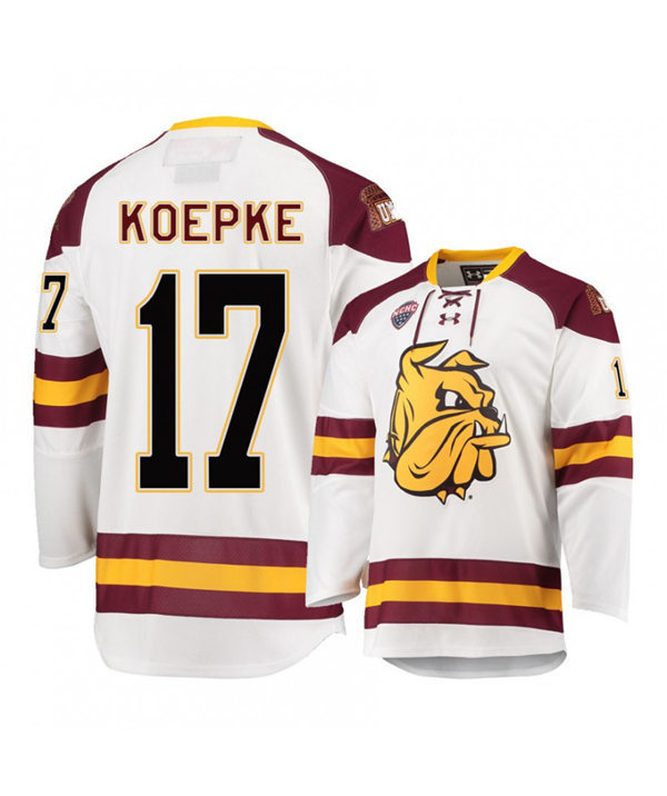 Mens Minnesota Duluth Bulldogs #17 Cole Koepke Under Armour White College Hockey Jersey