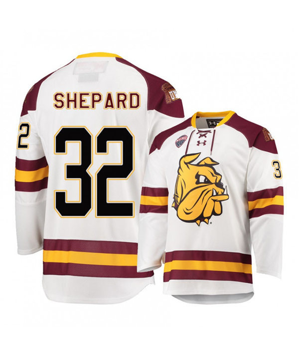 Mens Minnesota Duluth Bulldogs #32 Hunter Shepard Under Armour White College Hockey Jersey