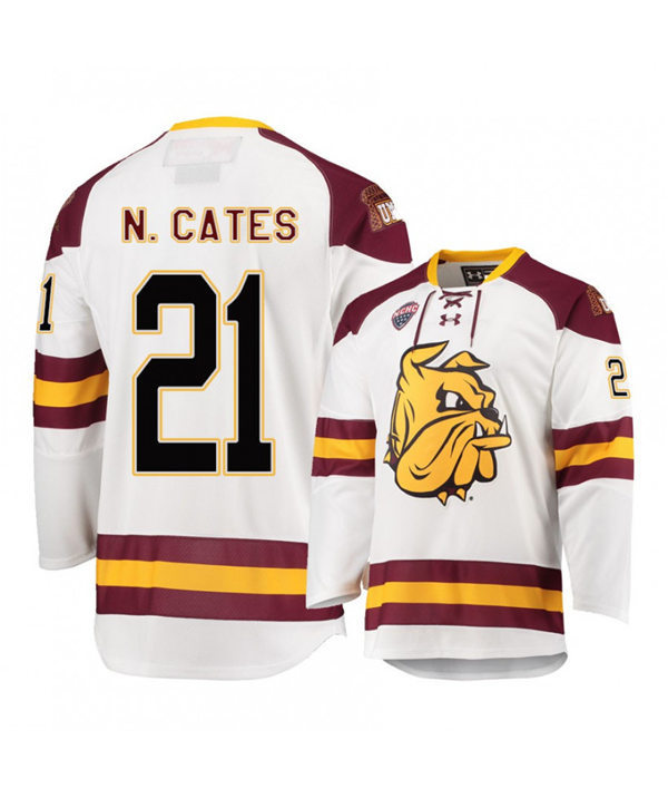 Mens Minnesota Duluth Bulldogs #21 Noah Cates  Under Armour White College Hockey Jersey
