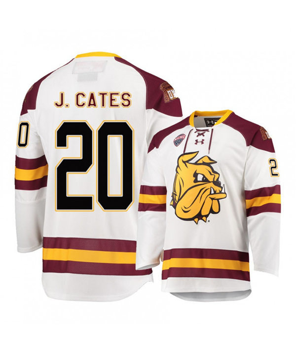 Mens Minnesota Duluth Bulldogs #20 Jackson Cates Under Armour White College Hockey Jersey