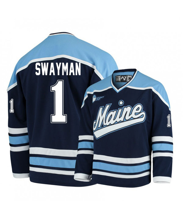 Mens Maine Black Bears #1 Jeremy Swayman Navy K1 Sportswear Stitched College Hockey Jersey