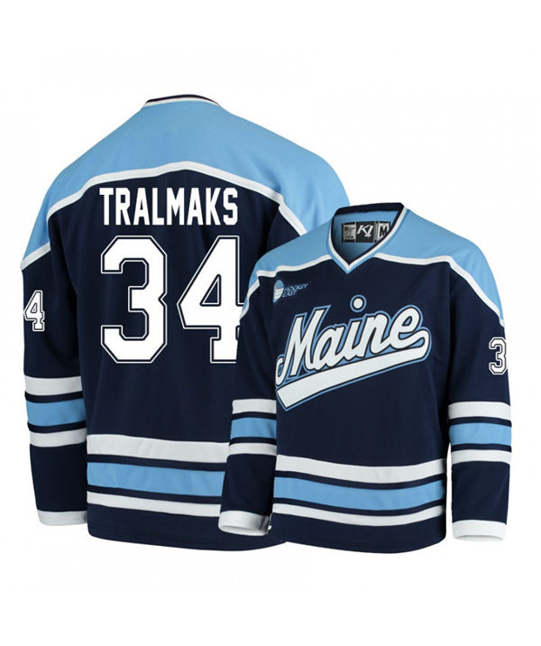 Mens Maine Black Bears #34 Eduards Tralmaks Navy K1 Sportswear Stitched College Hockey Jersey