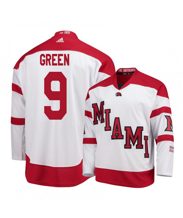 Mens Miami University RedHawks #9 Gordie Green White Stitched Adidas College Hockey Jersey