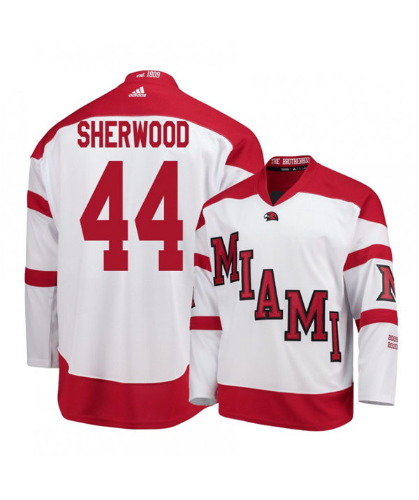 Mens Miami University RedHawks #44 Kiefer Sherwood White Stitched Adidas College Hockey Jersey
