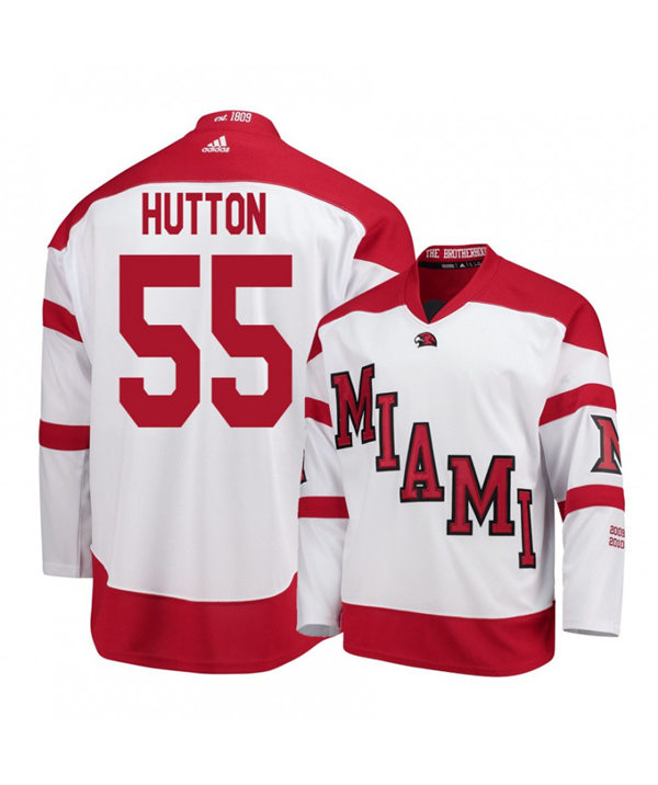 Mens Miami University RedHawks #55 Grant Hutton White Stitched Adidas College Hockey Jersey
