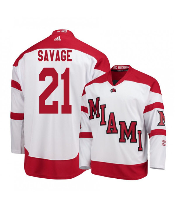 Mens Miami University RedHawks #21 Ryan Savage White Stitched Adidas College Hockey Jersey