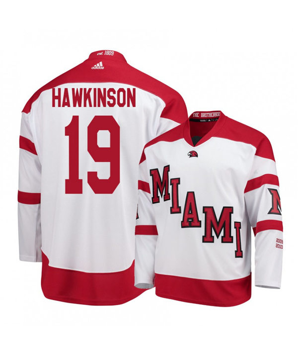 Mens Miami University RedHawks #19 Brian Hawkinson White Stitched Adidas College Hockey Jersey