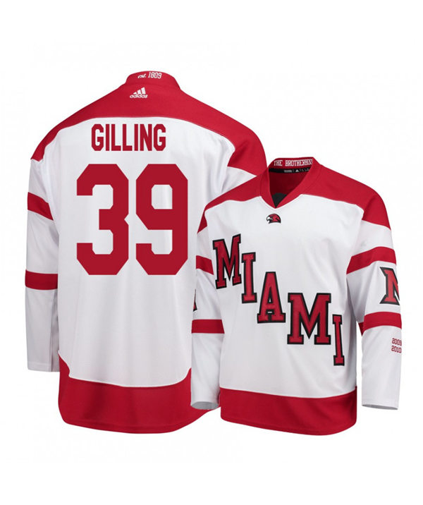 Mens Miami University RedHawks #39 Casey Gilling White Stitched Adidas College Hockey Jersey