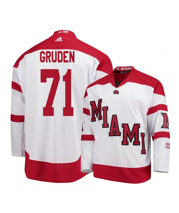 Mens Miami University RedHawks #71 Jonathan Gruden White Stitched Adidas College Hockey Jersey