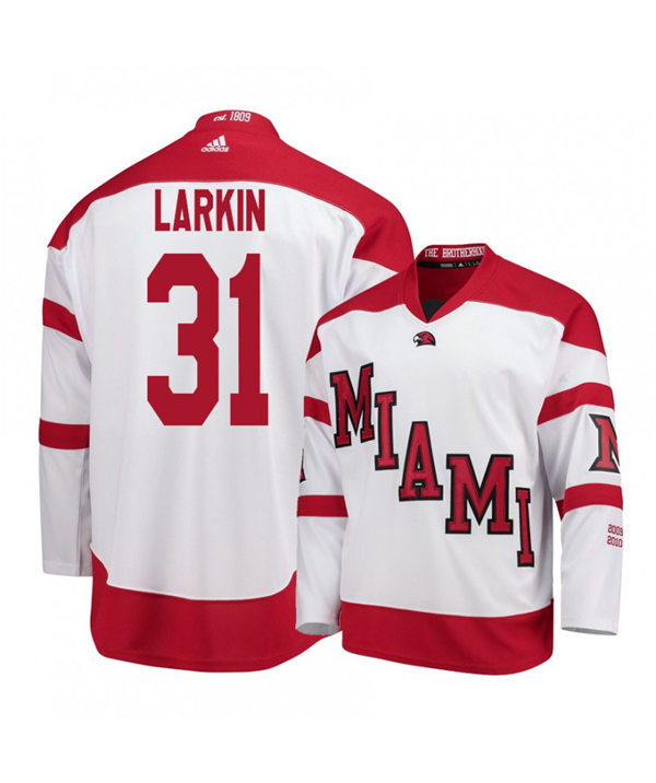 Mens Miami University RedHawks #31 Ryan Larkin White Stitched Adidas College Hockey Jersey