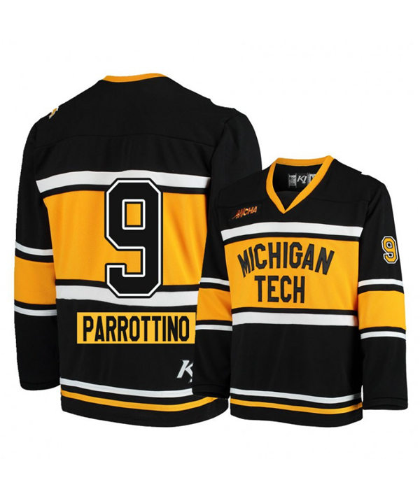 Mens Michigan Tech Huskies #9 Tommy Parrottino Black Gold K1 Sportswear Stitched College Hockey Jersey
