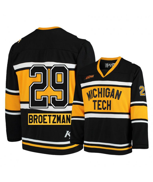 Mens Michigan Tech Huskies #29 Alec Broetzman Black Gold K1 Sportswear Stitched College Hockey Jersey