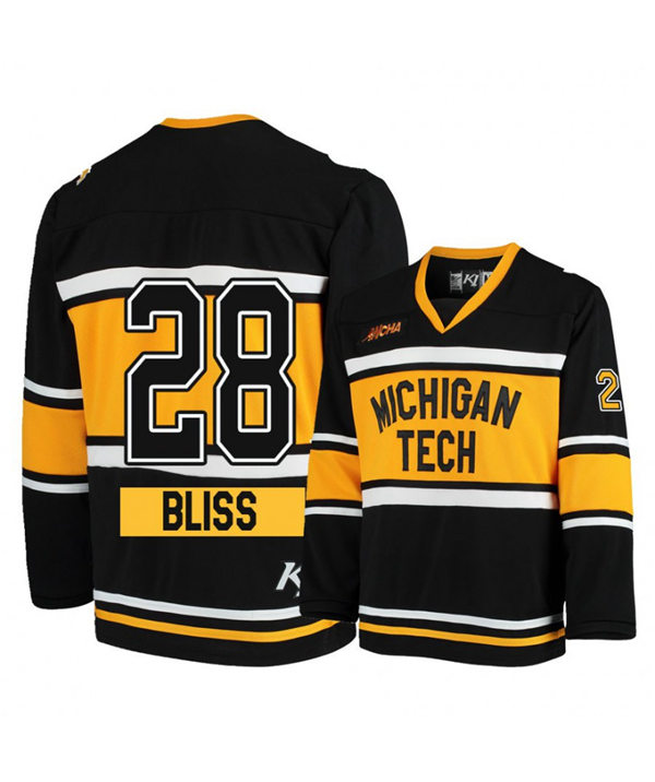 Mens Michigan Tech Huskies # 28 Trenton Bliss Black Gold K1 Sportswear Stitched College Hockey Jersey