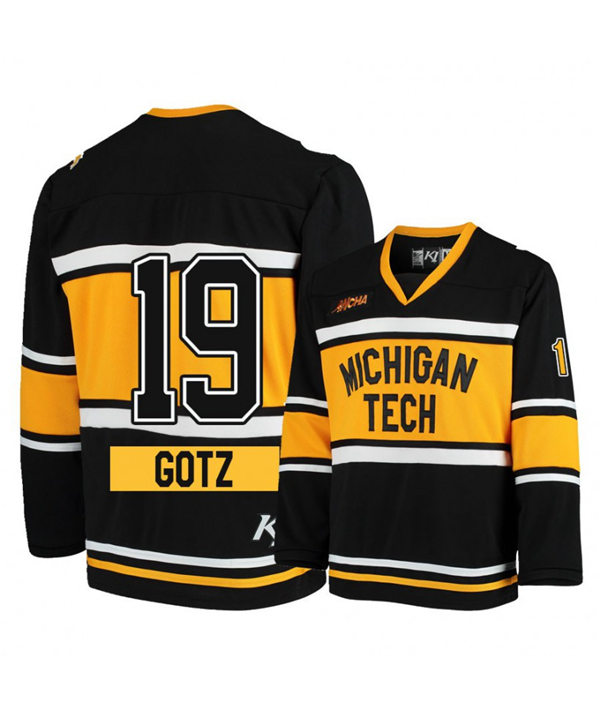 Mens Michigan Tech Huskies #19 Eric Gotz Black Gold K1 Sportswear Stitched College Hockey Jersey