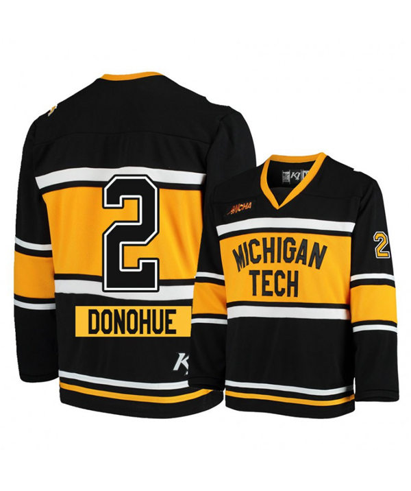 Mens Michigan Tech Huskies #2 Seamus Donohue Black Gold K1 Sportswear Stitched College Hockey Jersey