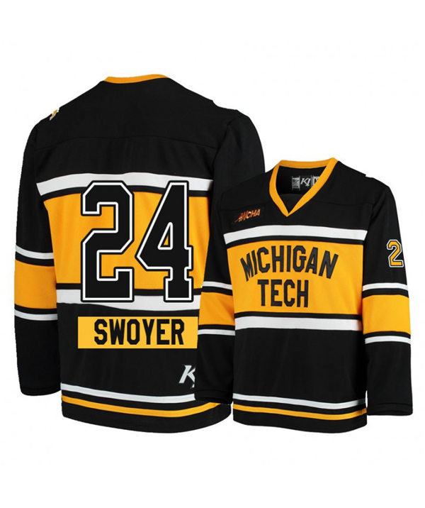 Mens Michigan Tech Huskies #24 Colin Swoyer Black Gold K1 Sportswear Stitched College Hockey Jersey