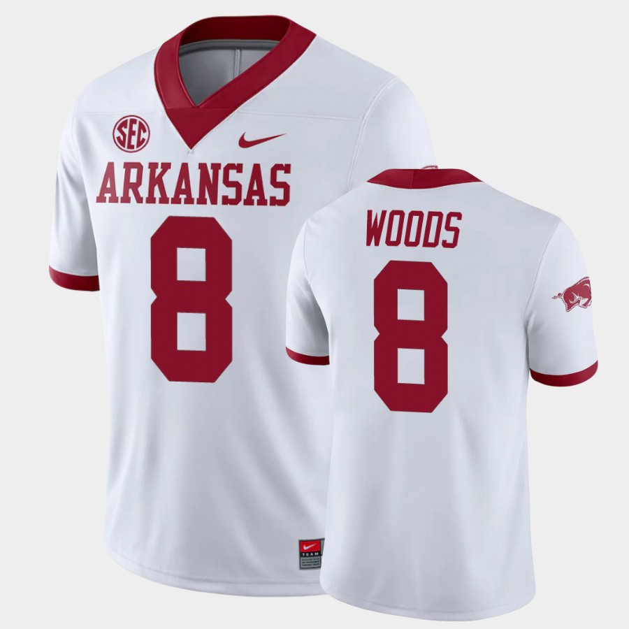 Mens Arkansas Razorbacks #6 Mike Woods Nike 2020 White College Football Jersey