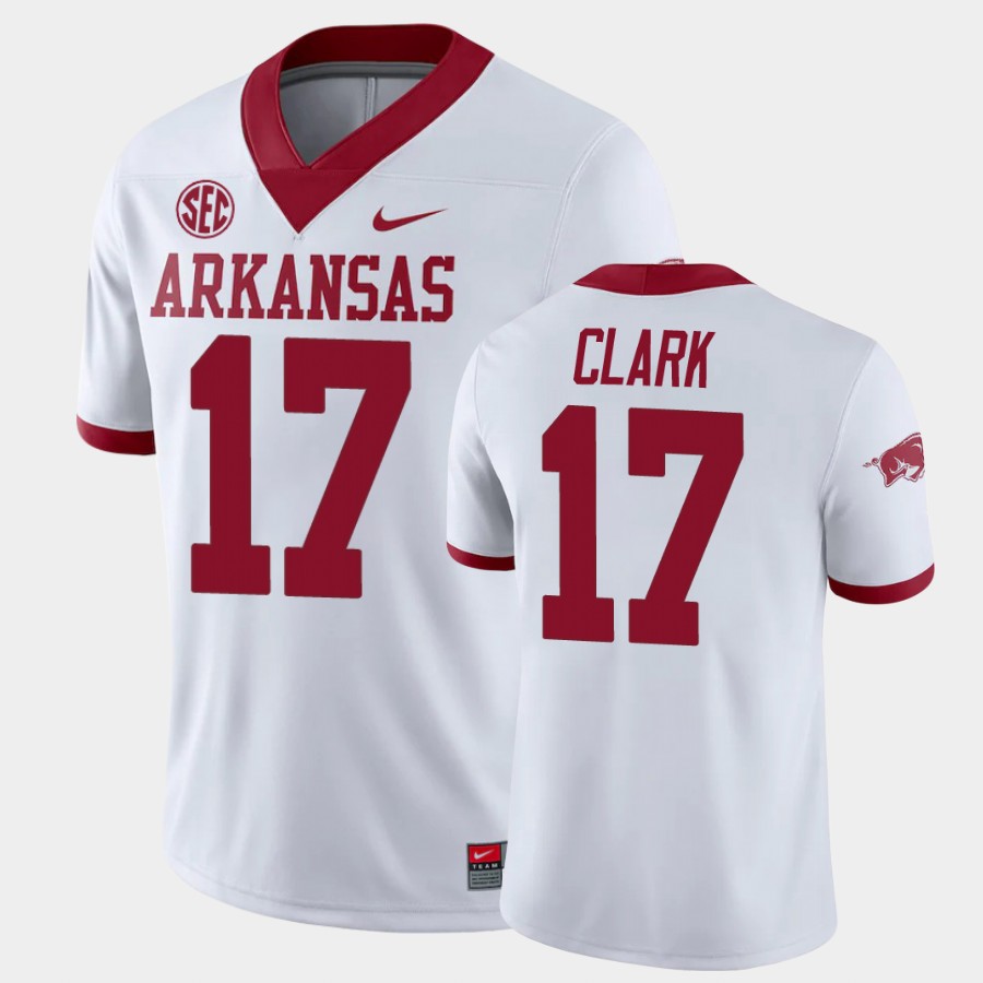 Mens Arkansas Razorbacks #17 Hudson Clark Nike 2020 White College Football Jersey