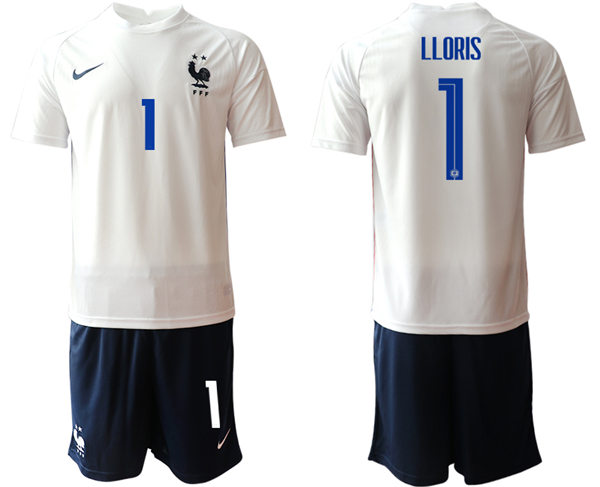 Mens France National Team #1 Hugo Lloris 2021 Away White Soccer Jersey Suit