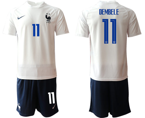 Mens France National Team #11 Ousmane Dembele 2021 Away White Soccer Jersey Suit