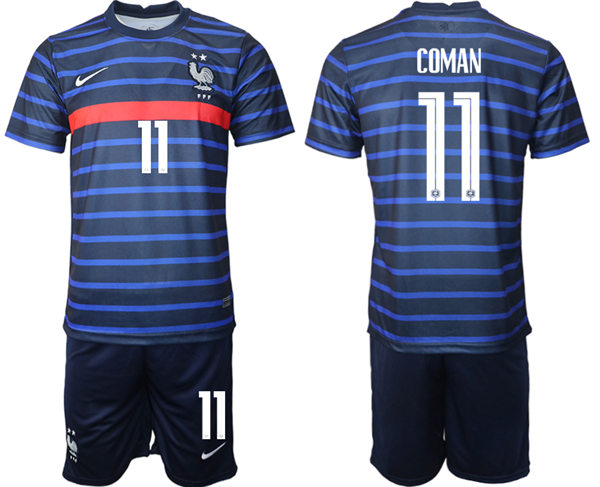 Mens France National Team #11 Kingsley Coman 2021 Navy Soccer Jersey Kit