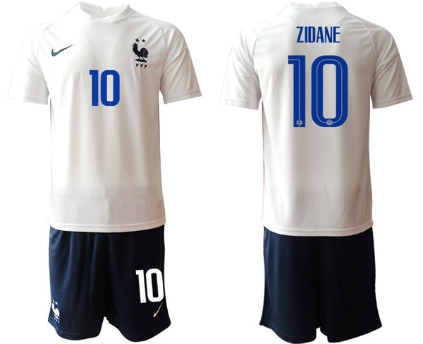 Mens France National Team #10 Zinedine Zidane 2021 Away White Soccer Jersey Suit