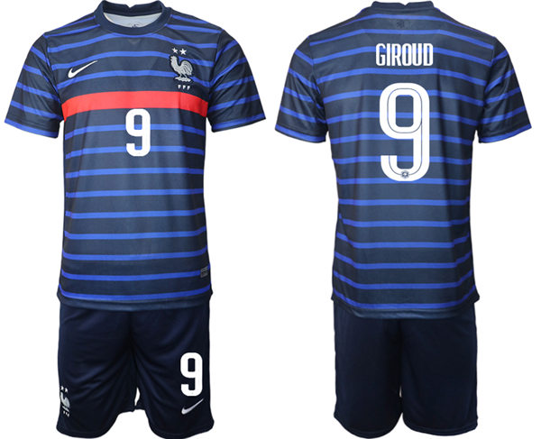 Mens France National Team #9 Olivier Giroud 2021 Home Navy Soccer Jersey Kit