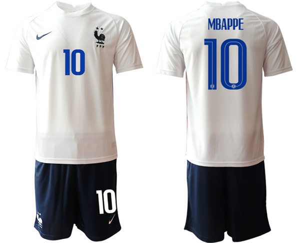 Mens France National Team #10 Kylian Mbappe 2021 Away White Soccer Jersey Suit