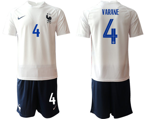 Mens France National Team #4 Raphael Varane 2021 Away White Soccer Jersey Suit
