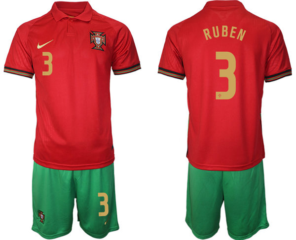 Mens Portugal National Team #3 Ruben Dias Home Red Soccer Jersey Kit